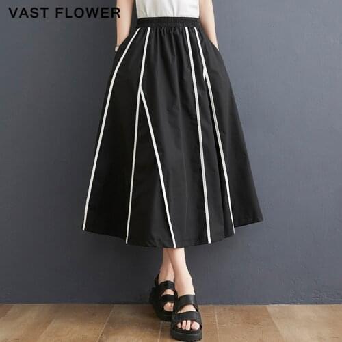 Black Vintage Striped High Waist Skirt Women New Plus Size Loose Casual Midi A-Line Skirts Fashion Clothes Summer 2021