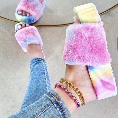 Furry Fur Slippers Platform Sandals Faux Fur Fluffy Flip Flops Female Outdoor Slides Casual Flat Slippers Fashion Women Shoes