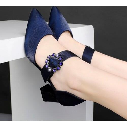 New Crystal Square Heel Woman Mules New Slingback Mary Janes Shoes Luxury Brand Rhinestone Shoes Women Pumps