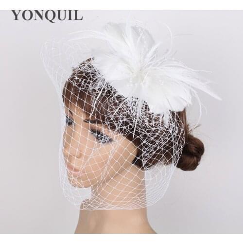 Woman Feather Flowers White Fedora Hats Fascinators With Veil For Wedding Headdress Bridal Hair Accessories Cocktail Hats P03