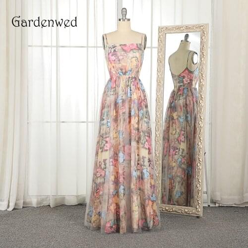 Gardenwed Elegant Long Chiffon Evening Dress 2019 Spaghetti Straps Slight Print Pattern Formal Dress Party Gowns