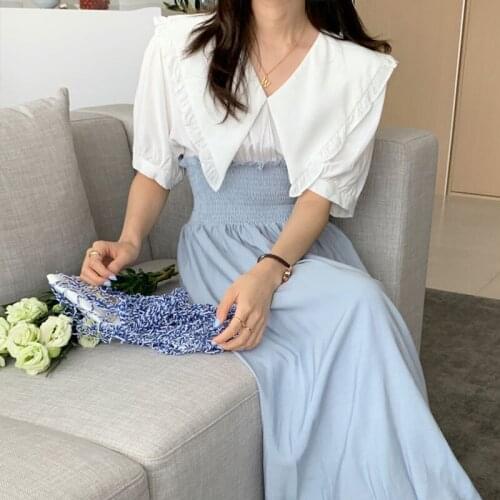 One-Piece Korea WomenS Dress Summer 2021 New Elegant French Gentle Lapel Pleated Waist Contrast Stitching Fake Two Pieces Dress