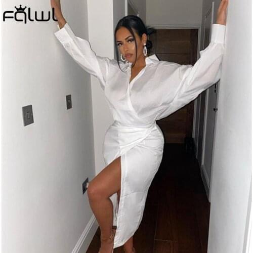 FQLWL Autumn Clubwear White Dresses For Women 2021 Long Sleeve V Neck Bandage Slit Bodycon Dress Sexy Midi Dress For Women Party
