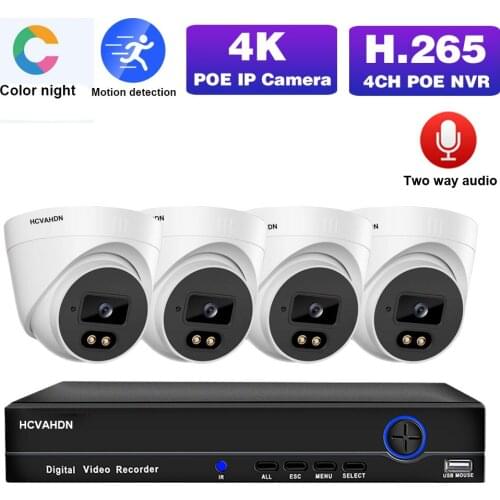 4K 4 Channel POE NVR Kit CCTV Camera Security System Kit 8MP Color Night Vision IP Dome Camera Video Surveillance Set XMEYE 4CH