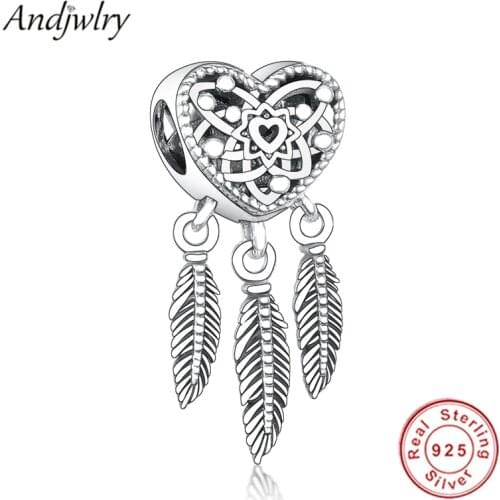 925 Sterling Silver Fit Original Pandora Charm Bracelet Openwork Heart & Three Feathers Dreamcatcher Charm Silver Berloque