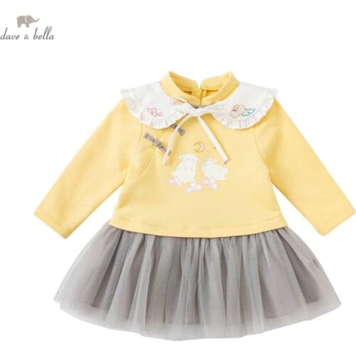 DBE18995 dave bella autumn baby girls cute cartoon patchwok mesh dress children fashion party dress kids infant lolita clothes