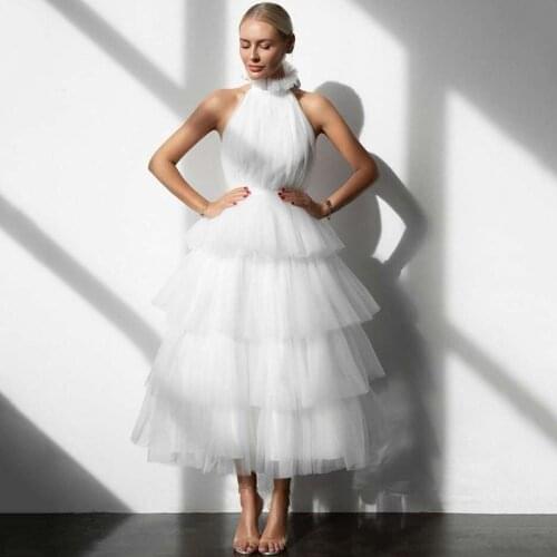 Cheap White Short Wedding Dress 2021 Vestido de Noiva Curto High Neck Bride Dress Tulle Cake Tiered Skirt Wedding Gowns Midi