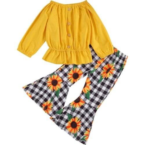 2 Pieces Kids Suit Set, Solid Color Round Neck Long Sleeve Top+ Flare Sunflower Print Trousers, Yellow 1-6Years