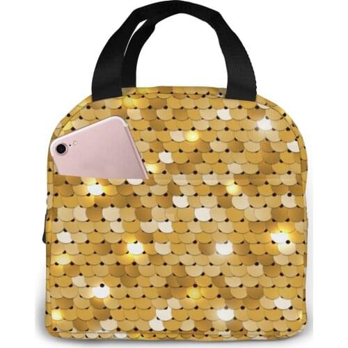 Insulated Lunch Bag Thermal Sequined Golden Scale Tote Bags Cooler Picnic Food Lunch Box Bag For Kids Women Girls Men Children