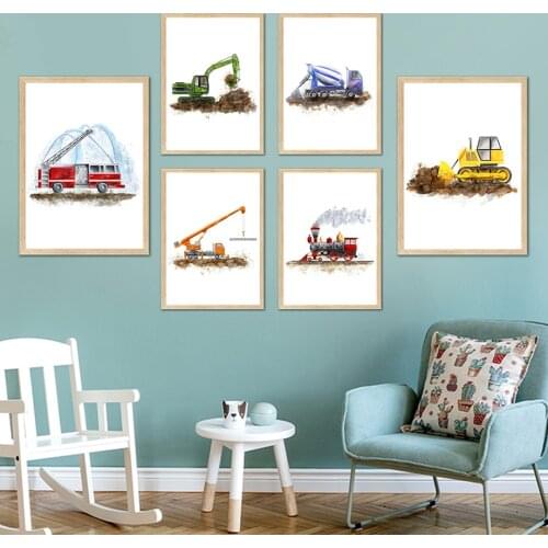 Cartoon Fire Truck Train Engineering Vehicle Wall Art Canvas Painting Nordic Posters And Prints Wall Pictures Child Room Decor
