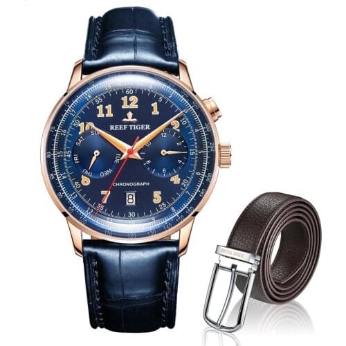 Reef Tiger Respect Limited Edition Bule Dial Rose Gold Case Leather Strap Automatic Watch And Leather Belts Set