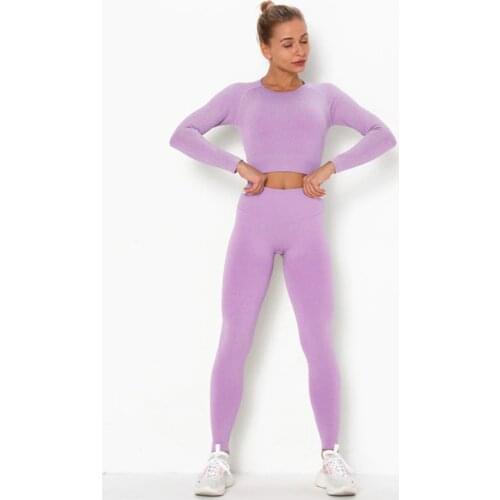 2020 New Seamless Women 2pcs/set Sport Suit Yoga Set Gym Workout Clothes Long Sleeve Fitness Crop Top + High Waist Energ Leggins