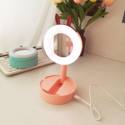Rabbit Makeup Light Mirror LED Lamp LED Fill Light Desktop LED With Light Makeup Mirror Foldable Cartoon Gifts For Girls Ladies