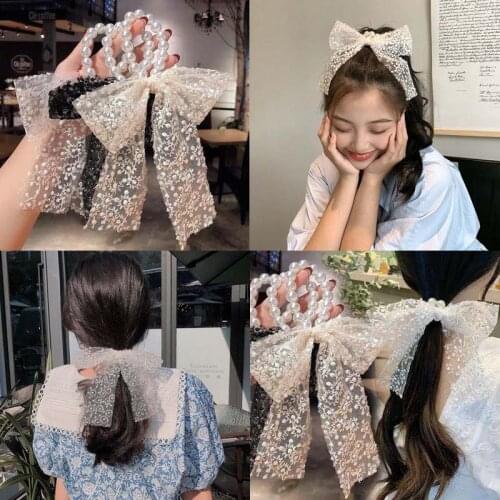 Ncmama Lace Pearl Scrunchies Women Girls Hair Band Accessories Ornament Tie for lady Hair Ring Rope Holder Headwear Headdress