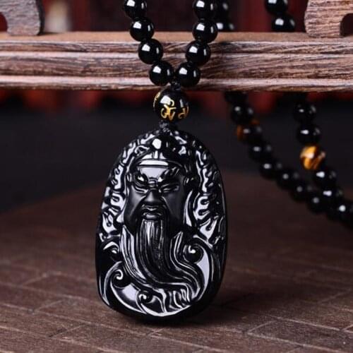 Natural Obsidian Guan Yu Pendant Jewelry Lucky Exorcise evil spirits Amulet Domineering Necklace Pendant Jade Fine Jewelry
