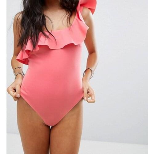 2019 Hot-sale Women Sexy Solid Colour Floral Padded Wireless One Shoulder One Piece Swimsuits with Flounces