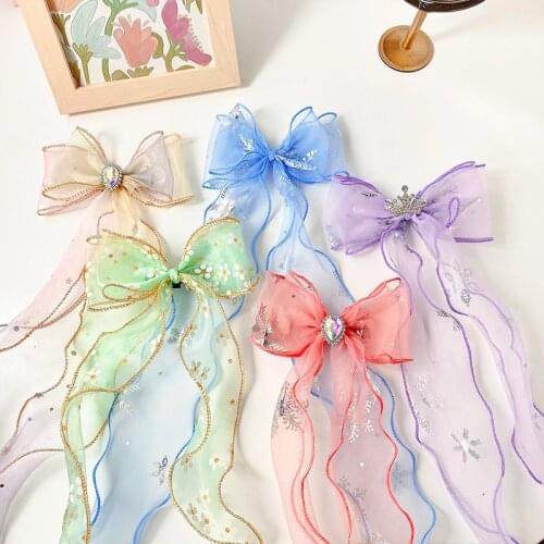 Summer Children Cute Sweet Pearl Crown Ribbon Bow Ornament Hair Clips Girls Lovely Barrettes Hairpins Kids Hair Accessories