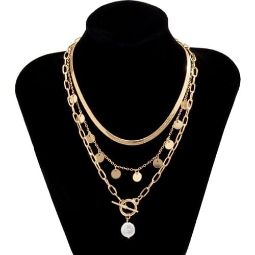 Multilayer Punk Metal Gold Color Flat Chain Necklaces Small Disc Charms Pearls Pendant Necklace For Women Female Party Jewelry