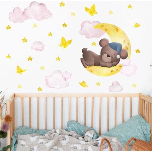 Cartoon Bear Panda Sleeping on The Moon and Stars Wall Stickers for Kids Room Baby Room Decoration Wall Decals Art