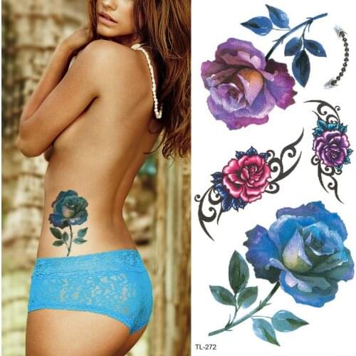 Stickers bikini sexy tattoo for women waterproof temporary tattoo sticker blue purple flower rose stickers hand body art summer