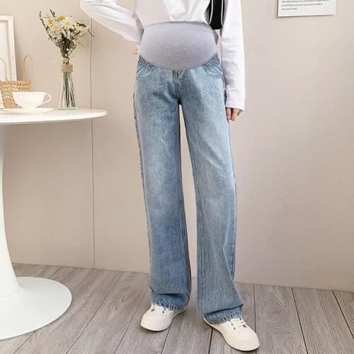 978# Wide Leg Loose Denim Maternity Full Long Jeans Adjustable Belly Pants Clothes for Pregnant Women Spring Pregnancy Trousers