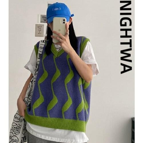 NIGHTWA V-Neck Knitted Vest Women New Korean Fashion Zebra Pattern Sleeveless Sweaters Waistcoat 2021 Autumn Winter Streetwear