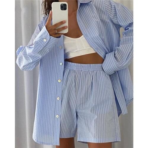 Two Pcs 2021 Autumn Korean Chic Female Loose Striped Shirt Tops Suits Ourfit Casual Lapel Women Cotton Blouse Shirts +Short Pant