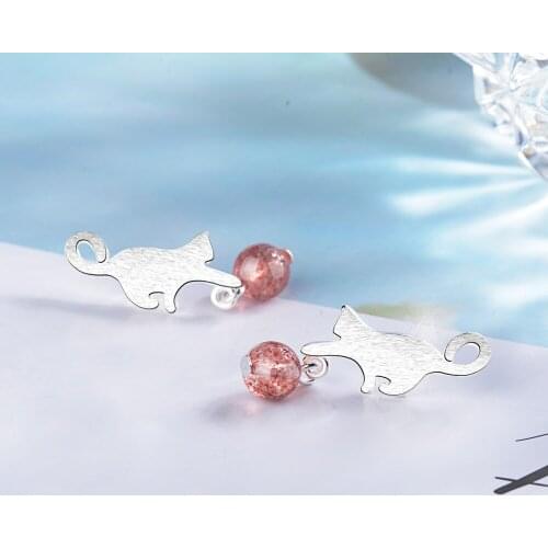 Cat Natural Strawberry Crystal Moonstone 925 Sterling Silver Stud Earring For Women Fashion Jewelry Aretes De Mujer