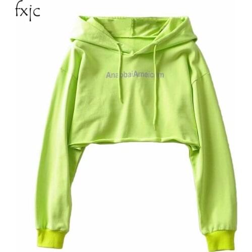Womens Long Sleeve Hooded Short Top Letter Reflective Sweatshirt 2019 autumn womens casual temperament jacket Female green