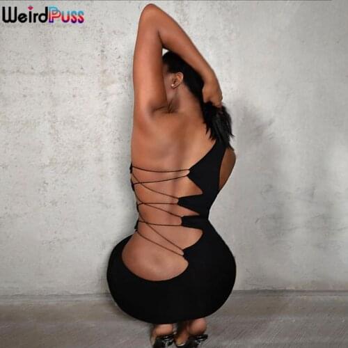 Weird Puss Skinny Y2K Women Sexy One Shoulder Party Dress Sleeveless Backless Bandage Clubwear Street Style Elegant Slim Bodycon