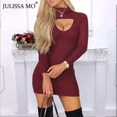 Julissa Mo Rib Knitted Hollow Out Dress For Women Party Spring Long Sleeve Turtleneck Mini Dresses Sexy Black Vestidos Female