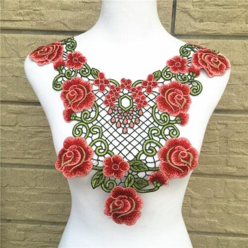 1Pcs Red Lace Neckline Collar Hollow Fabric Dress Applique Motif Blouse Sewing Trims DIY Costume Decoration Accessories