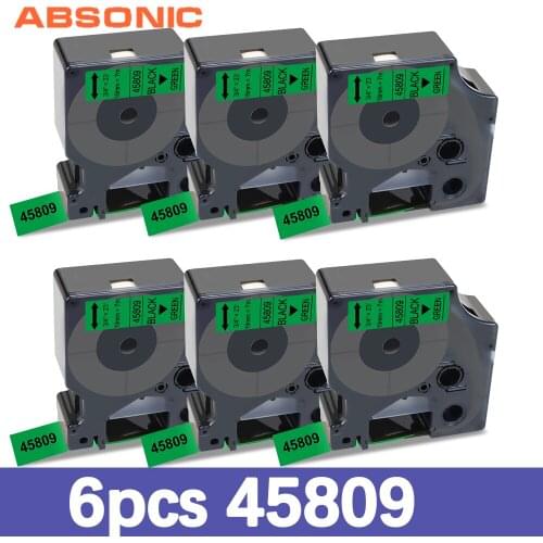Absonic 6PK 45809 Black on Green Compatible Dymo D1 19mm Label Tape for DYMO Label Maker LabelManager 360D 420P Rhino 5200 4200