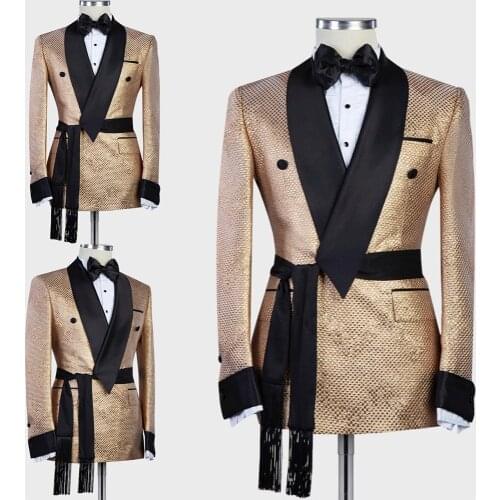 Arabic Luxury Gold Mens Wedding Tuxedos with Belt Custom Made Single Jacket Groom Groomsmen Suit Mens Formal Wear