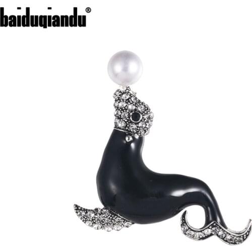 Baiduqiandu Crystal and Simulated Pearl Enameled Dolphin Show Brooch Pins Jewelry for Women