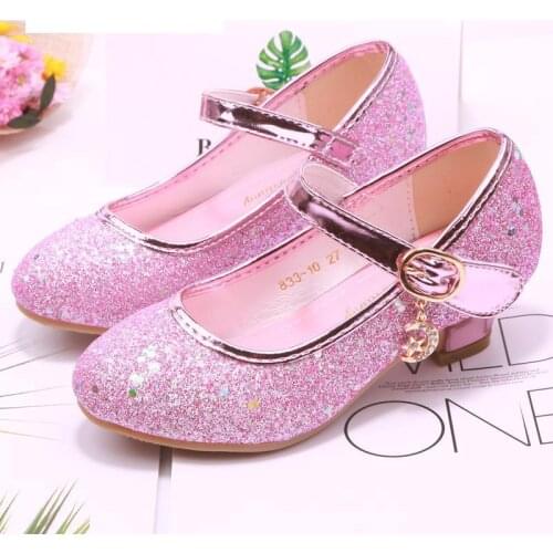 Children Princess Shoes Student Dance Shoes For Girls High Heel Sandals Dress Purple Kids Leather Glitter Crystal Shoes Banquet