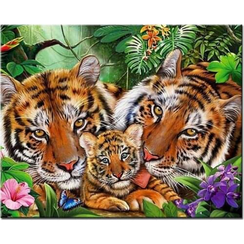 Full Square round Diamond Painting Tiger family landscape Diamond Embroidery animal 5D DIY Diamond Mosaic Rhinestone decoration