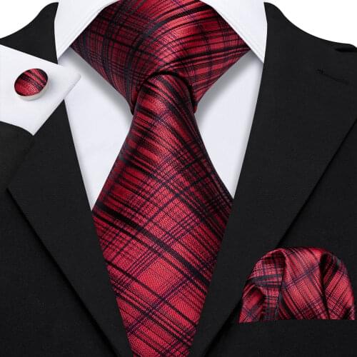 Red Plaid Black Stripe Tie Classic Silk Necktie Set Handkerchief Cufflinks Cravat For Men Wedding Business Party Barry.Wang