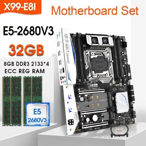 JINGSHA X99 E8I LGA 2011-3 Motherboard Set With E5 2680V3 Process And 4 x 8GB = 32GB DDR4 2133MHZ ECC REG RAM M.2 WIFI NVME M.2