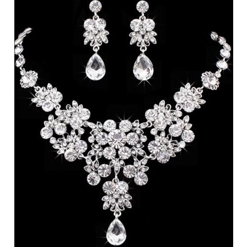 Korean Bride 2pc / Set AAA Cubic Zirconia Necklace Drop Earring Fashion Charm Women CZ White Crystal Wedding Party Jewelry