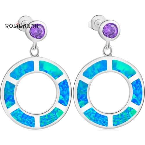 Round earrings for women Wholesale Retail Blue Fire Opal Silver stamped Dangle Earrings Opal Fashionl Jewelry OE496