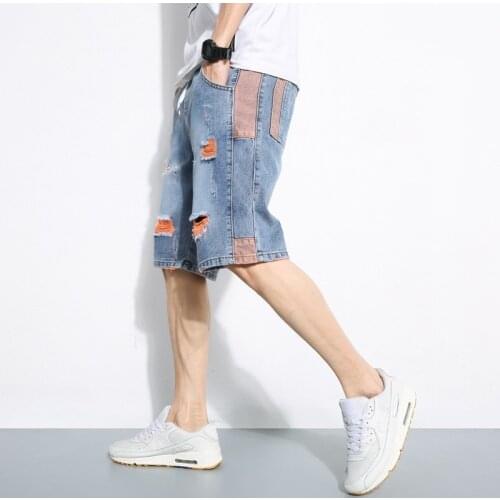 Summer Mens Loose Fit Knee Length Hole Ripped Jeans Casual Streetwear Cargo Shorts Cowboy Side Patchwork Shorts Plus Size 5XL