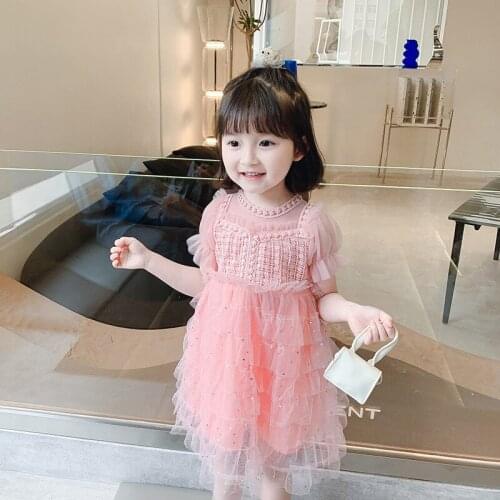 LISUNNY Girls Princess Dress 2021 Summer Children Casual TUTU Dress Fashion Lace Sequins Pink Kids Birthday Party Dress