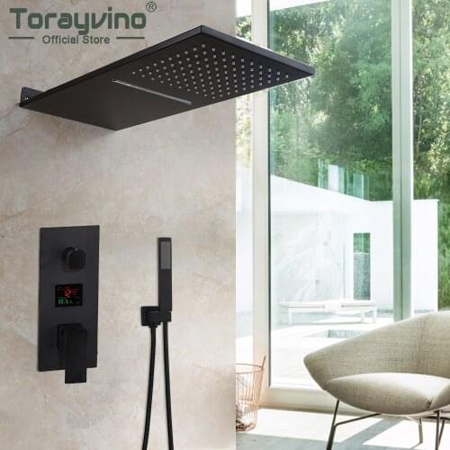 Torayvino Matte Black Bathroom Shower Faucet Set Bar Shape Rainfall & Waterfall Shower Head Wall Mount Mixer Water Tap Combo Kit