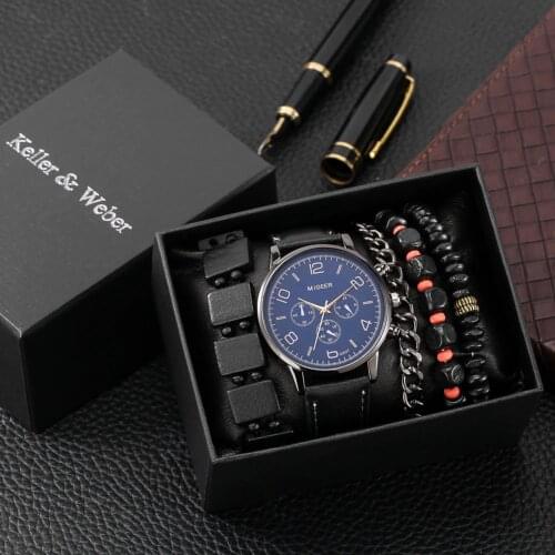 5 Pieces Men Watch Bracelets Gift Box Numeral Quartz Wristwatch Leather Strap Pin Buckle Male Elastic Bracelet Practical Present