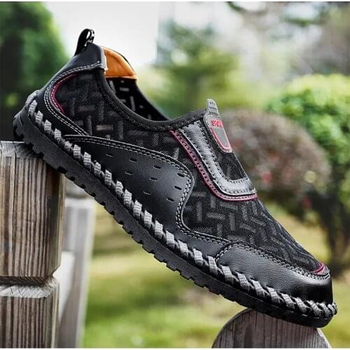 Mens Summer Casual Shoes Leather Mesh Hollowed Out Soft Sole Casual Shoes Fashion Lace Up Antiskid Flat Bottom Casual Shoes