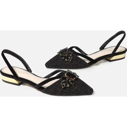 2021 Summer New Pointed Hollow Out Ribbon Sandals Rhinestone String Jewelry Inlaid Baotou Half Trailer Middle Heel Womens Shoes