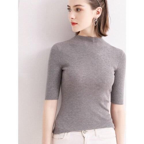 2021 spring new sweater with half high collar and 5 / 6 sleeves and top, womens slim knitting bottom coat, short sleeve and