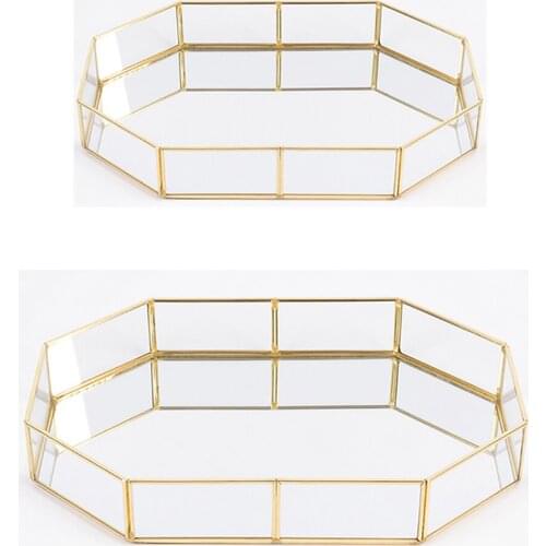 Golden Copper Edge Organizer Nordic Style Home Decorative Glass Jewelry Display Storage Tray Perfume Bathroom Makeup Plate
