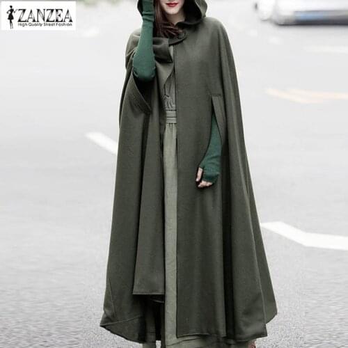 ZANZEA 2021 Autumn Cloak Poncho Womens Coat Female Button Jackets Hooded Hoodie Capes Outwear Plus Size Overcoats Tops